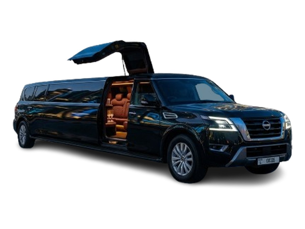 Black Nissan Armada 2024 stretch limousine with gull-wing door, 23 seater, for hire in Dubai